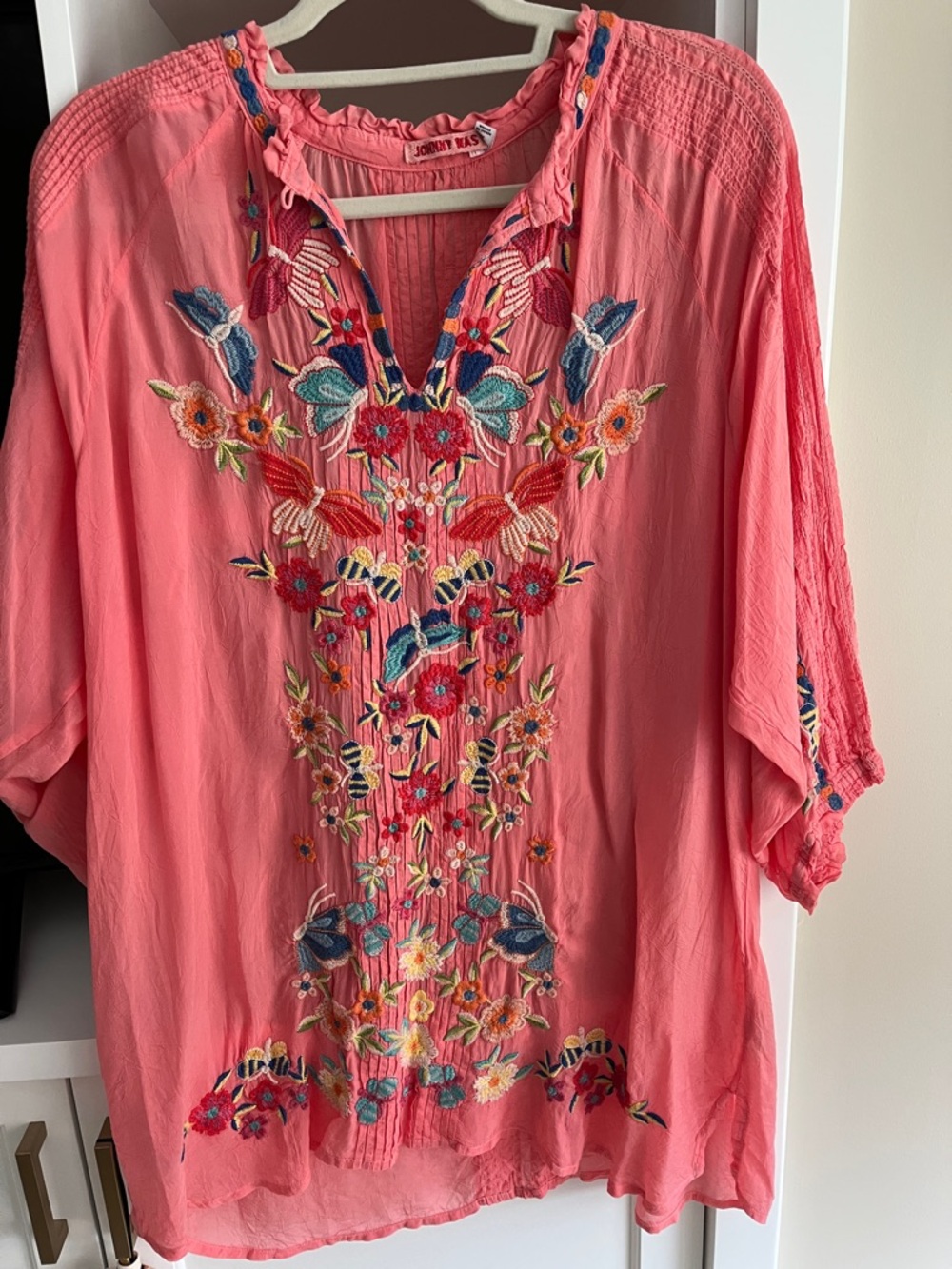 Johnny Was Coral Pink Embroidered V-Neck Tunic